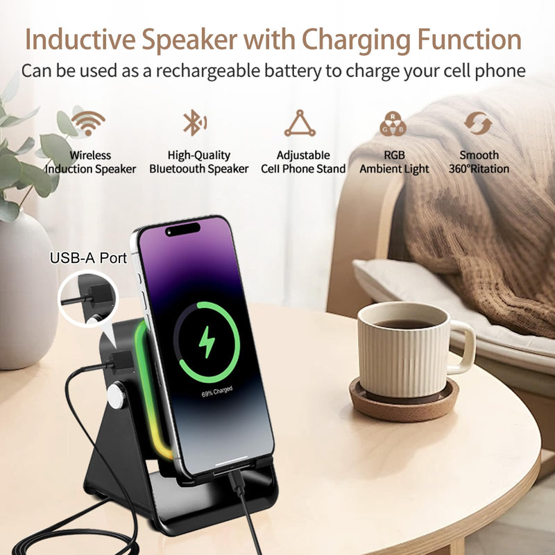 Wireless Induction Speaker 5-in-1 Bluetooth Speaker with Phone Holder, Surround Sound, 3500mAh, 8 RGB Ambient Lights, 360° Adjustable Stand, Holder for iPhone/Android/iPad Gifts for Men Women (Black) Black