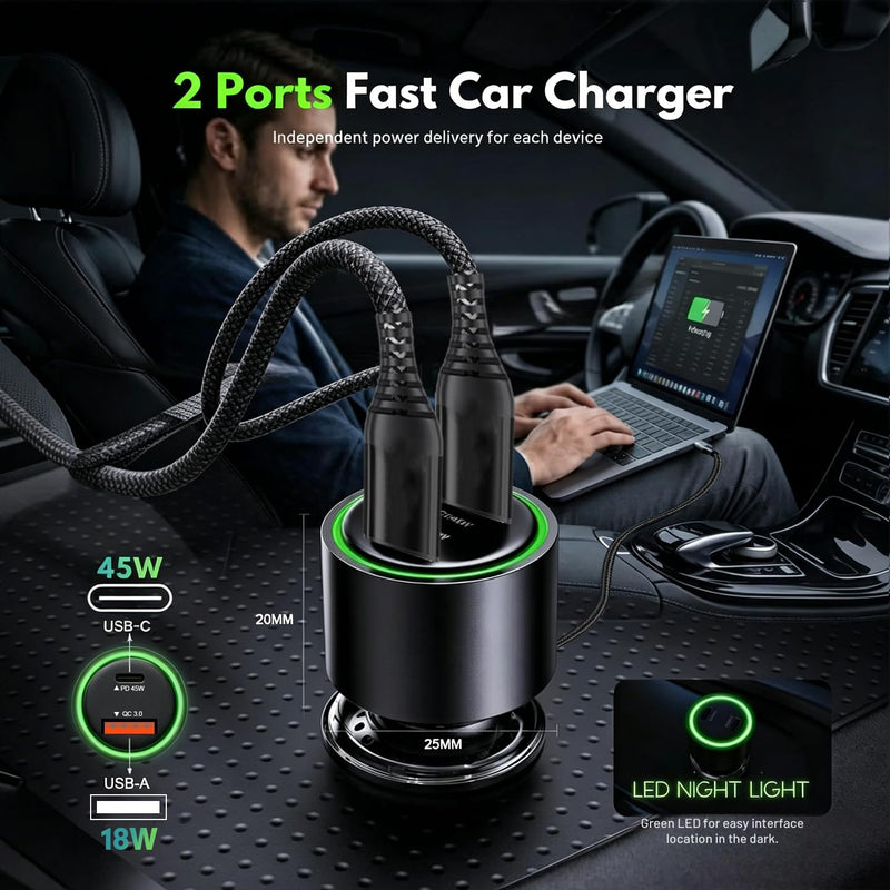 63W Car Charger USB C Super Fast Charging for iPhone Air/17/17 Pro/17 Pro Max/17e/16/16Pro/16e/15/15Pro/iPad Pro 13/12.9/11/Air/Mini Dual Port 12V Cigarette Lighter Adapter Plug+Carplay Cable 3ft 4ft