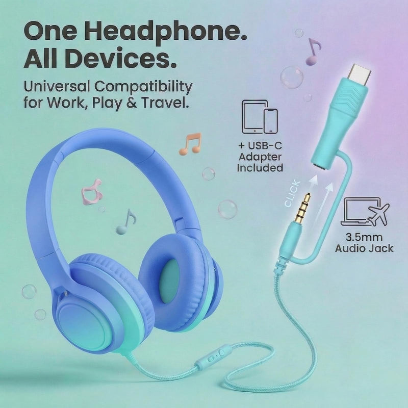 Kids Wired Headphones, 85/94dB, Mic, USB-C Adapter, Sky Blue | 85/94dB volume control, foldable over-ear design, built-in mic, 3.5mm jack, and USB-C adapter for school and travel. Gradient Sky Blue & Teal