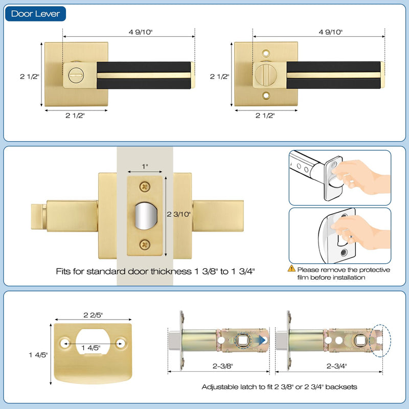 Gold Door Handle 1 Pcs, Privacy Door Levers with Black Leather Handle, Brass Interior Bedroom Bathroom Door Knob, Heavy Duty Privacy Bed/Bath Door Lockset, Reversible for Right/Left-Handed Door 1 Pack Privacy Door Handle - No Key