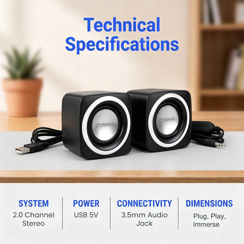 Basics Stereo 2.0 Speakers for PC or Laptop with Volume Control,USB-Powered, 1 Pair, Black