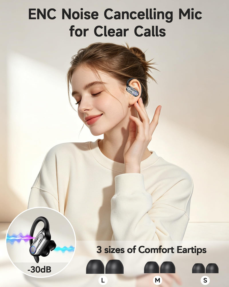 Wireless Earbuds, Bluetooth Headphones 6.1, 90H Playtime Ear Buds with Hooks for Sports, Dual LED Display Earphones IPX7 Waterproof for Gym/Runing/Workout deep black