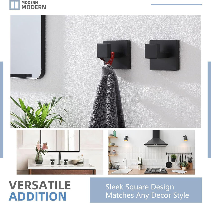 3PCS Bathroom Hardware Set, Matte Black Toilet Paper Holder, 2 Square Towel Robe Hooks, SUS 304 Stainless Steel, Wall Mounted, Modern, Rust‑Resistant (Black)