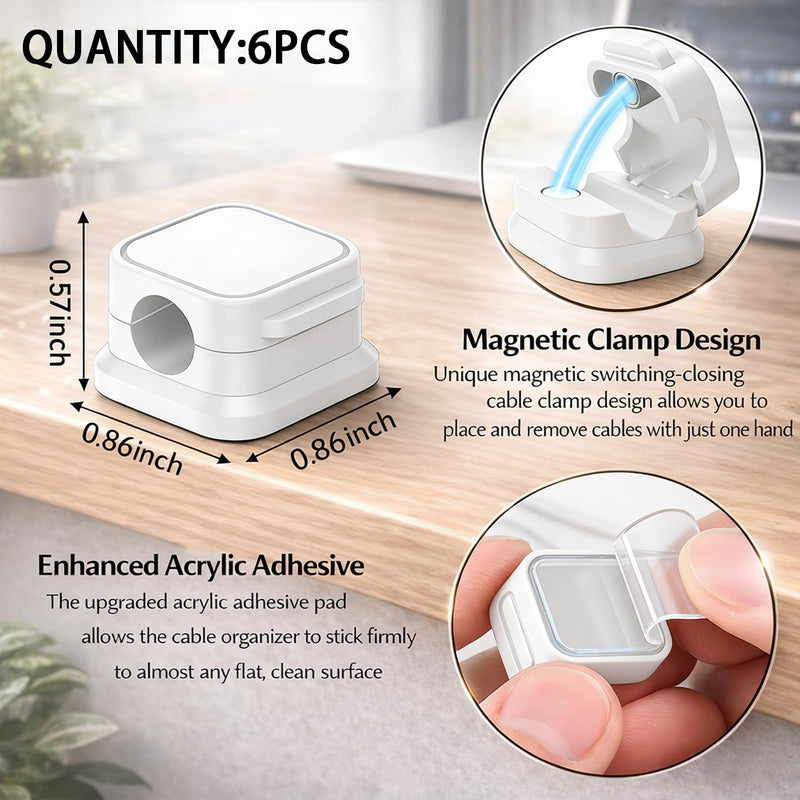 6PCS Magnetic Cable Organizer for Desk and Wall, Reusable Cable Holder Cord Management Cable Straps for Home Office School, White 6