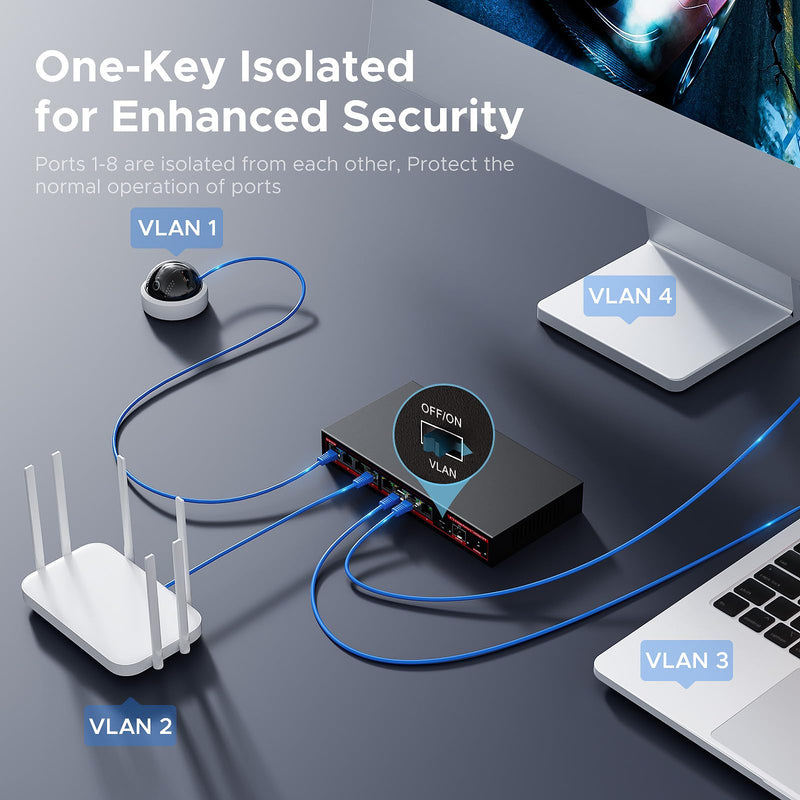 8 Port 2.5G Ethernet Switch with 1*10G SFP+ Slot, 9 Ports 2.5Gb Network Swithes and 1-10Gb Multi Speed, 60Gbps Switching Capacity, One Key VLAN| Plug & Play |Fanless |Metal |Wall Mount 9-Port| 8*2.5G+1*10G SFP