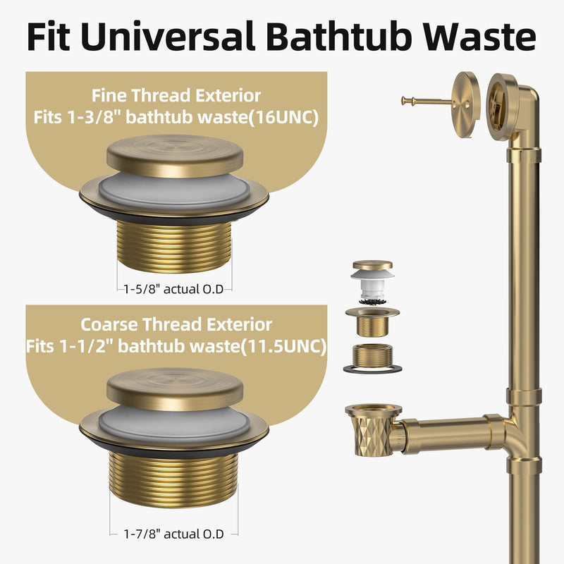 Brushed Gold Tub Drain Kit with Hair Catcher, Premium Brass Tip-Toe Bathroom Tub Drain Replacement and 2-Hole Overflow Faceplate, 11.5/16 UNC Bathtub Drain Stopper Assembly Brushed Gold