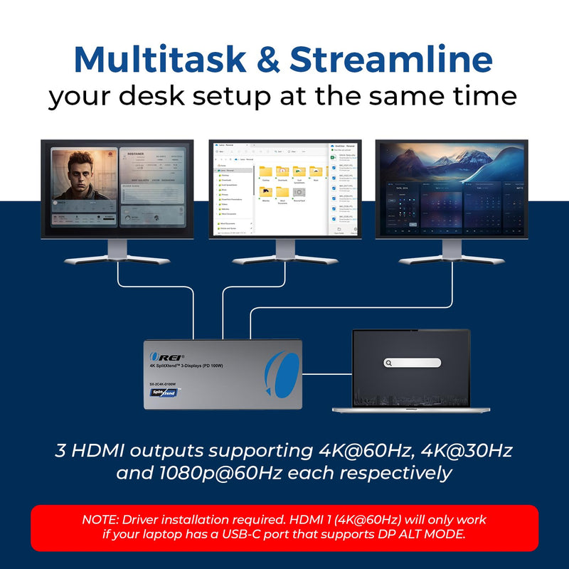 OREI SplitExtend Laptop Docking Station 3 Monitors - 2X USB 3.0, 1x Type-C, SD Card Reader - USB C Docking Station to HDMI 2.0 Extended Screen, 4K@30Hz Outputs - 100W PD