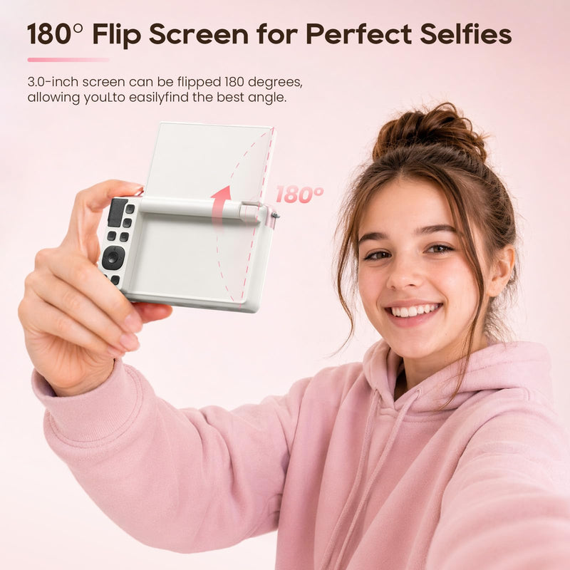 Digital Camera for Teens, 2026 Latest 4K 75MP Autofocus WiFi Vlogging Camera with 3''180° Flip Screen, 16X Zoom, 32GB TF Card, Portable Compact Cameras for Kids Teens Beginner (White)