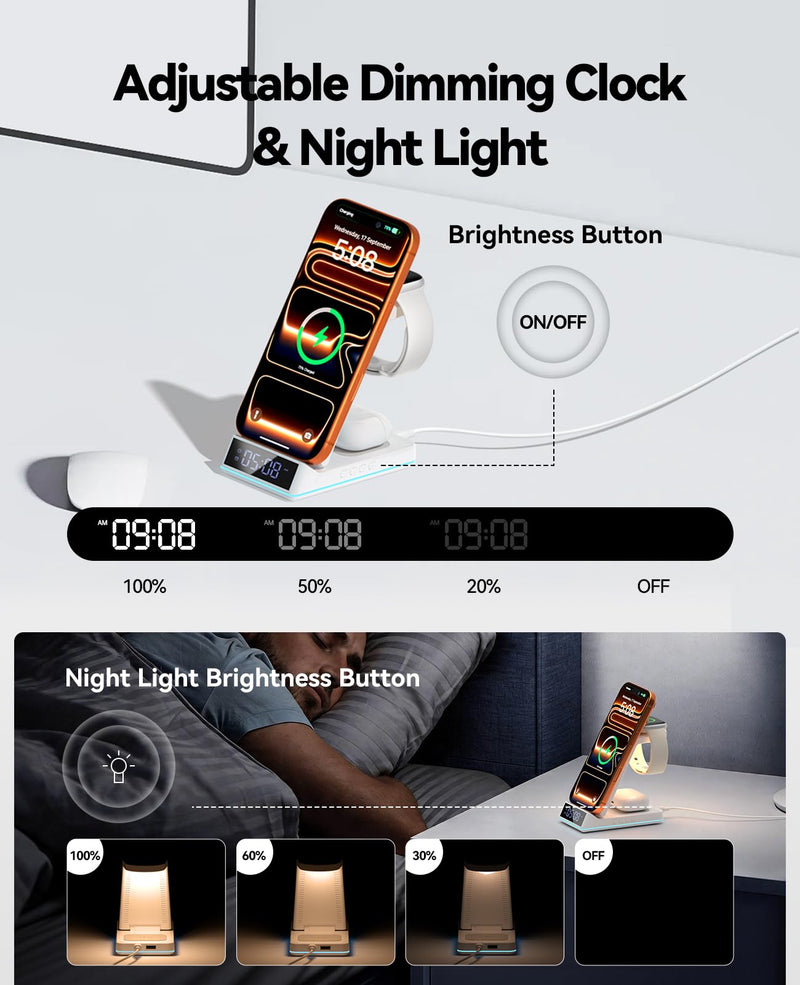 Wireless Charging Station, 7 in 1 Wireless Charger Foldable Charger Stand | 2026 Upgraded with Night Light/Alarm Clock for iPhone 17-12 Pro Max Plus, Apple Watch, AirPods Gifts White