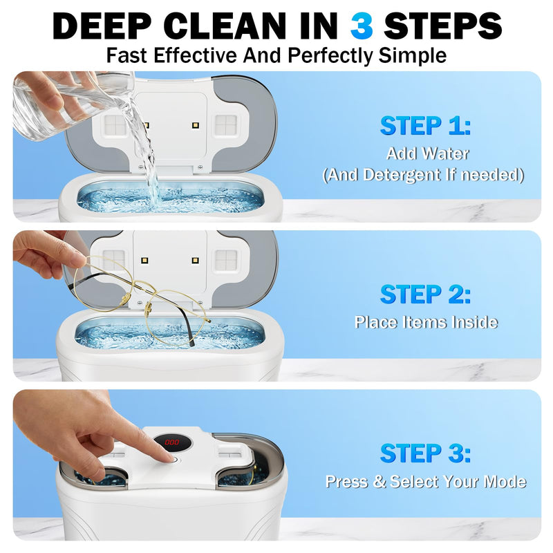 Ultrasonic Jewelry Cleaner, 48KHz Ultrasonic Cleaner for Eyeglasses Rings Watch Band Necklace Earring, Multi Deep Clean Modes 400ML, White