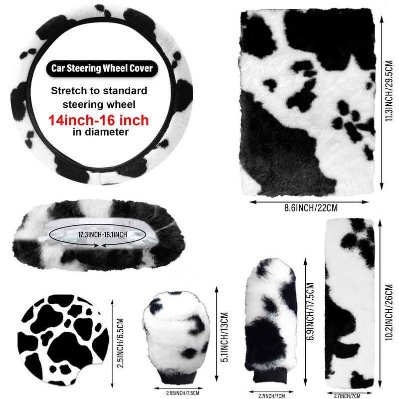 JINGSEN11 Pieces Fluffy Car Accessories Set,Fluffy Cow Print Plush Steering Wheel Covers for Women Soft Fleece Handbrake Cover Shift Cover Car Trim Warm Non-Slip (Black) black
