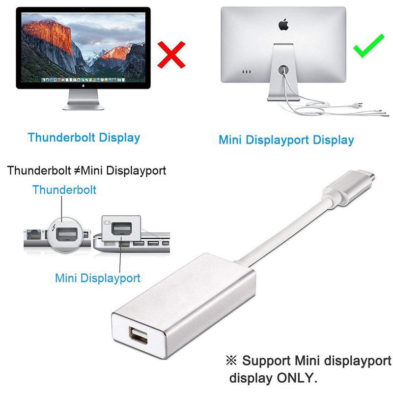 USB C to Mini Displayport Adapter, Type C to Mini DP Converter Compatible with MacBook Pro 2016/2017, Chromebook Pixel, Dell XPS Convert to LED Cinema Display, iMac, Dell Monitor (Silver)