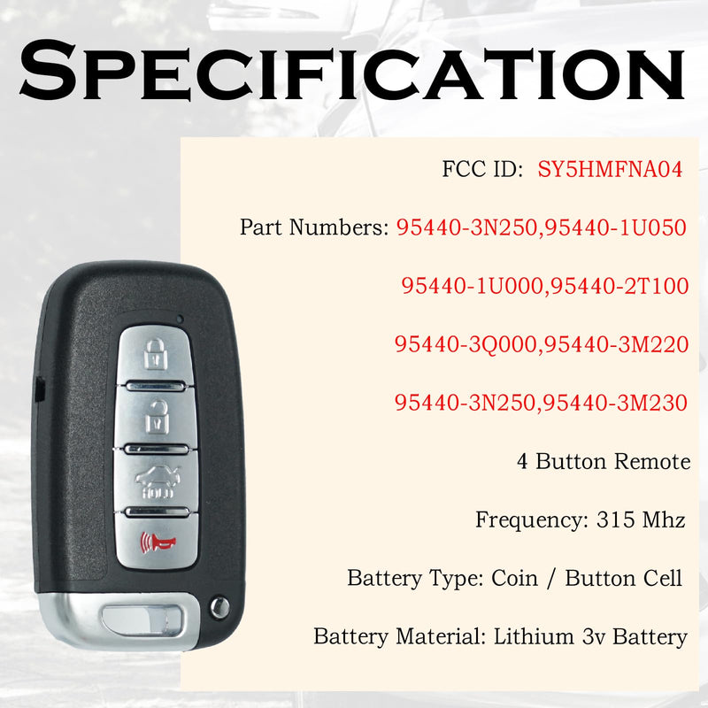 Key Fob Replacement Fits for Hyundai Sonata Genesis 2010 2011 2012 2013 2014 Azera Equus Kia Optima 2009-2013 Ria Sorento Forte Borrego Smart Keyless Entry Remote Control SY5HMFNA04