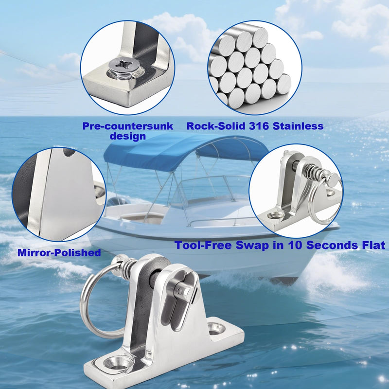Bimini Top Deck Hinge - 316 Stainless Steel Marine Hardware with Quick-Release Pin & Ring - Easy Install Boat Bimini Top Parts for Pontoon, Fishing & Ski Boats (4 Pack) 4 Pack