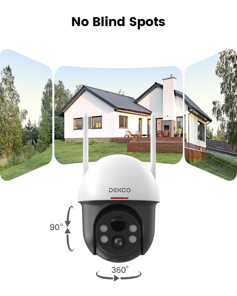 DEKCO Solar Security Camera Outdoor Wireless, Battery Powered, Panoramic Pan Tilt Zoom, Auto Motion Tracking, True 2K, Color Night Vision, Spotlight, 2-Way Talk DC9Lplus
