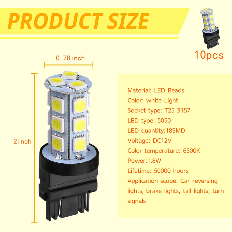 10 PCS 3157 LED Light Bulb, 5050-18SMD 360-degree Waterproof Brake Light With High Brightness, 6500 K DC 12 V 1.8 W Energy-saving Long-life Taillight Bulb Replacement, for Most Cars (White)