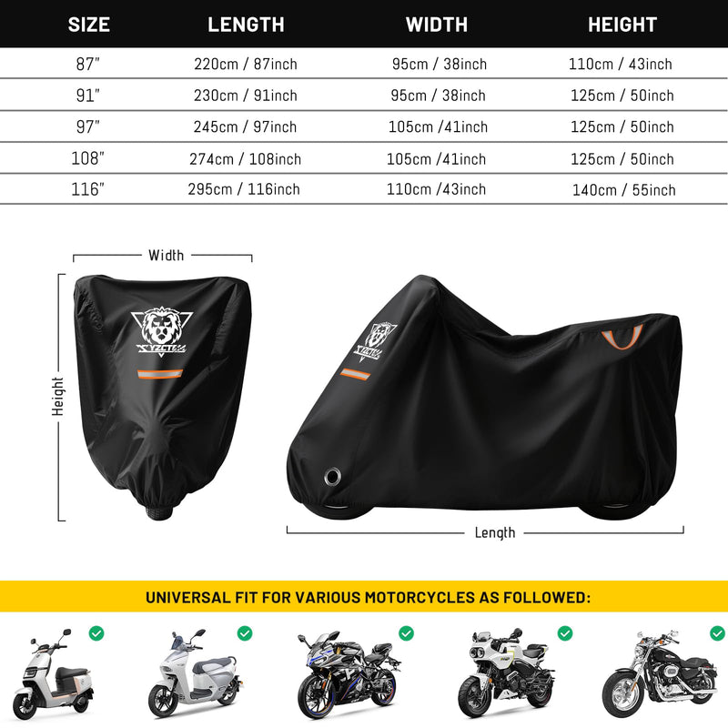 XYZCTEM Motorcycle Cover Waterproof Outdoor All Season Protection Motorcycle Storage Night Reflective Handles with Lock-Holes Storage Bag Fits up to 108" Motorcycle Vehicle Covers, Black 108"