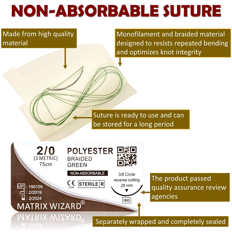 Mixed Sutures Thread with Needle (Absorbable: Chromic Catgut; Non-Absorbable: Nylon, Silk, Polyester, Polypropylene) - Surgical Wound Practice Kit, Emergency First Aid Demo (2-0, 3-0, 4-0, 5-0) 24PK
