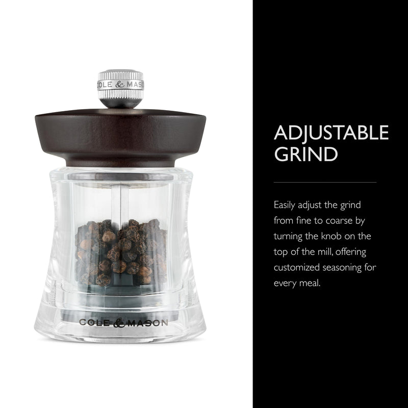 Cole & Mason Holborn Acrylic Pepper Mill - Compact Hand Grinder - Acrylic Kitchen Tool with Adjustable Grind Setting - Easy-to-Clean Grinder with Premium Design - Chocolate Pepper Mill, 3.75"