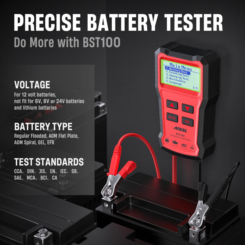ANCEL BST100 Car Battery Tester 12V, 100-2000 CCA Load Tester Digital Automotive Alternator Battery Analyzer Charging Cranking Tester for Car, Motorcycle, SUV, Boat