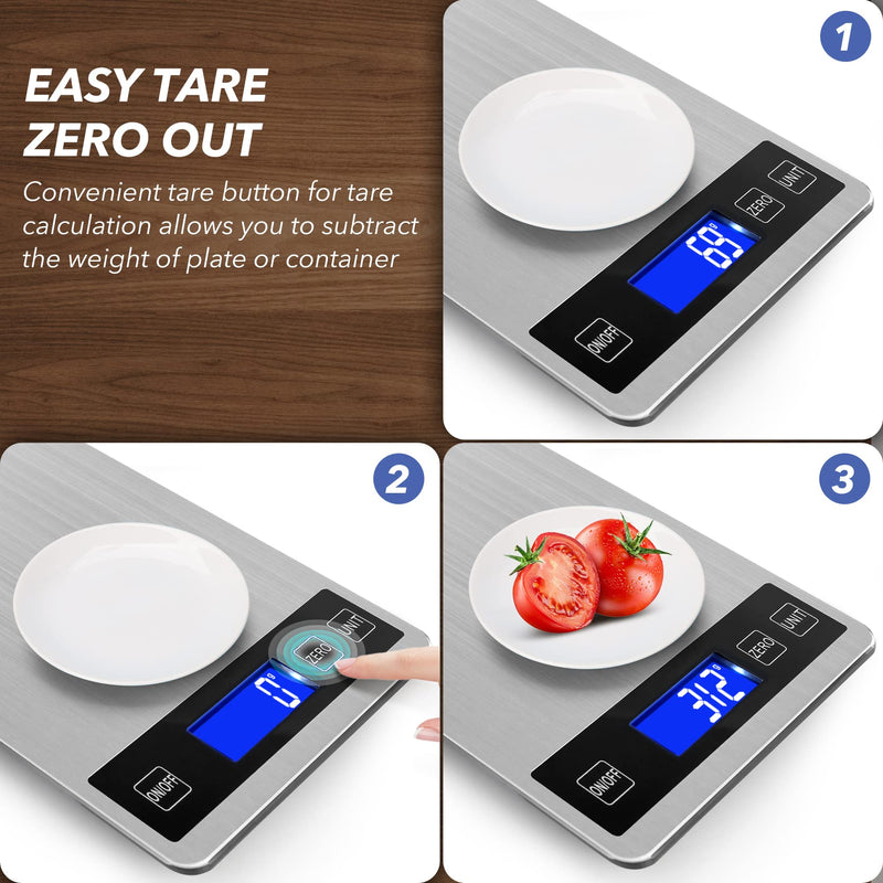 33lb Food Kitchen Digital Scale,1g/0.05oz Precise Graduation, USB Charging Kitchen Scale, Waterproof Stainless Steel with LCD Display, Ounces and Grams for Weight Loss, Cooking, Baking (Silvery) silvery