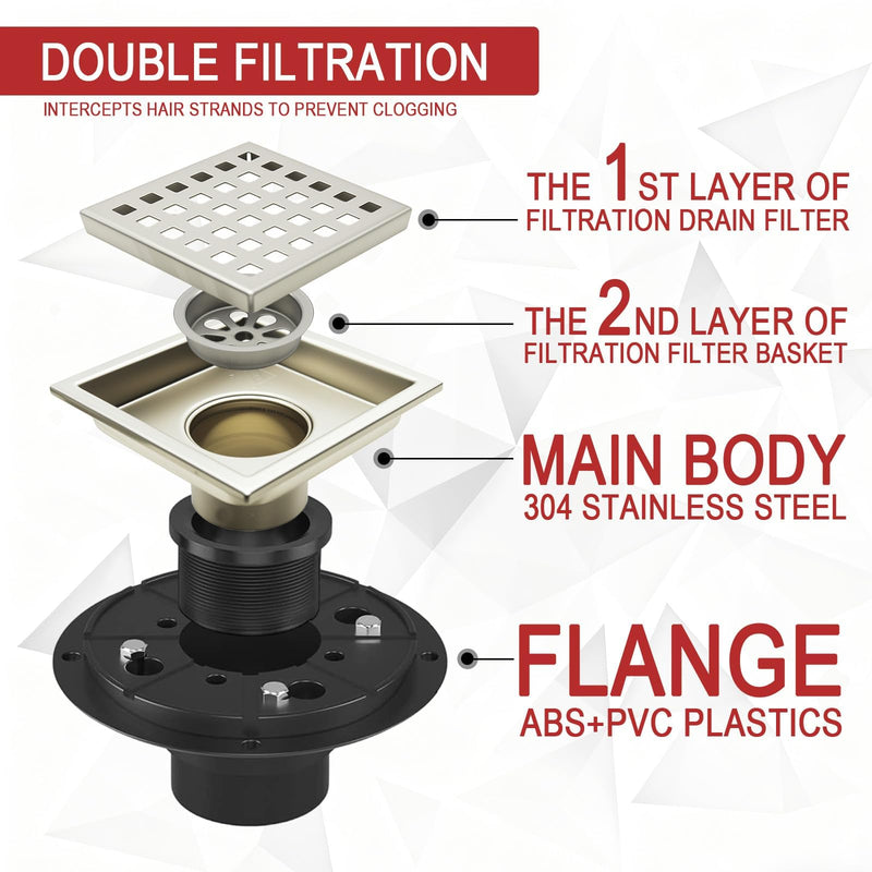 4" Square Shower Floor Drain with Flange,Quadrato Pattern Grate Removable,Food-Grade SUS 304 Stainless Steel,Watermark&CUPC Certified,Brushed (Brushed Nickel, 4 Inch) Brushed Nickel
