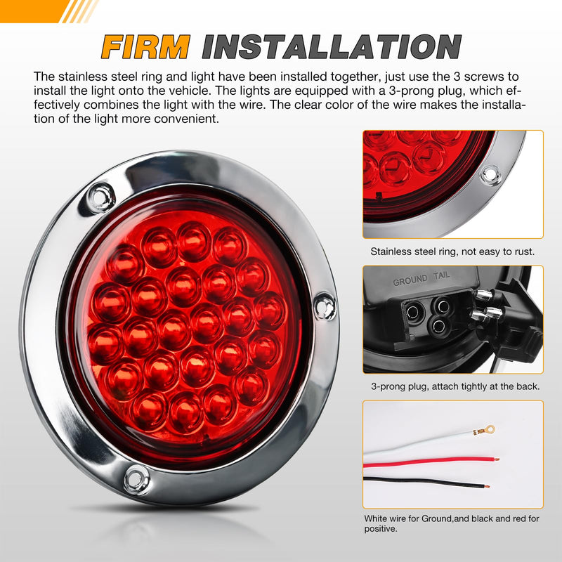 GOOACC 4Inch Round Tail Light 2PCS Red 24LED w/Stainless Steel Chrome Bezel Waterproof Stop Brake Turn Signals Lights for Truck Trailer RV Lorry Boat Tractor Red 24Led 2Pcs Screws