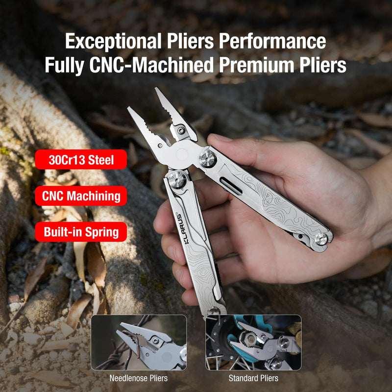 Klarus MT07 20-in-1 Multitool, Heavy Spring Pliers, Topographic Texture Finish, Dual Lock System, High-Carbon Stainless Steel, Includes Nylon Sheath – Pocket Tool for EDC, Outdoor, and Gifts Silver