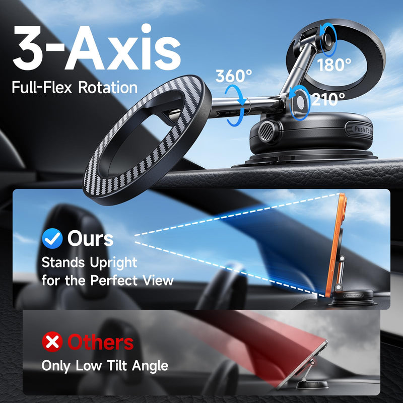NeverFall Car Phone Mount for MagSafe, 89lbs Max Suction & Strong Magnetic | Dashboard & Windshield Mount, 360° Adjustable Phone Holder for iPhone & All Phones, Carbon Fiber