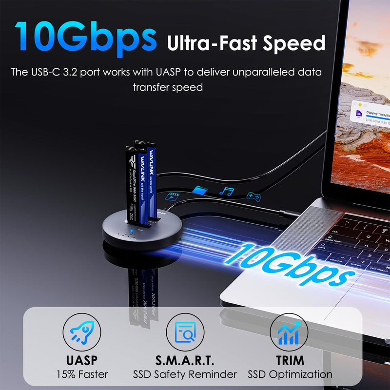 WAVLINK M.2 NVMe SSD Cloner Dock, 10Gbps Dual-Bay NVMe to USB-C/A Enclosure, Supports Offline Clone, UASP, Design for M-Key or M+B Key SSDs in Size 2230/2242/2260/2280/22110, SSD Not Include