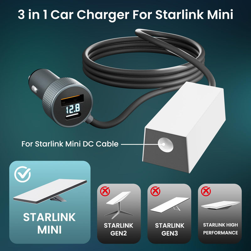 BarBaren for Starlink Mini Cable 3 in 1, Starlink Mini Car Adapter DC Power Cable Cigarette Lighter 12-36V Step Up Converter with Digital Display, USB-C PD 45W and USB-A QC 18W Ports for Cars 3.28FT/1m