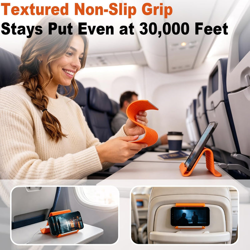 1PCS Flexible Silicone Phone Stand Holder, Foldable Adjustable Cell Phone Stand, Portable Anti Slip Airplane Phone Holder for Bed, Office, Kitchen, Travel, Compatible with Smartphone, Tablet（Orange） Orange