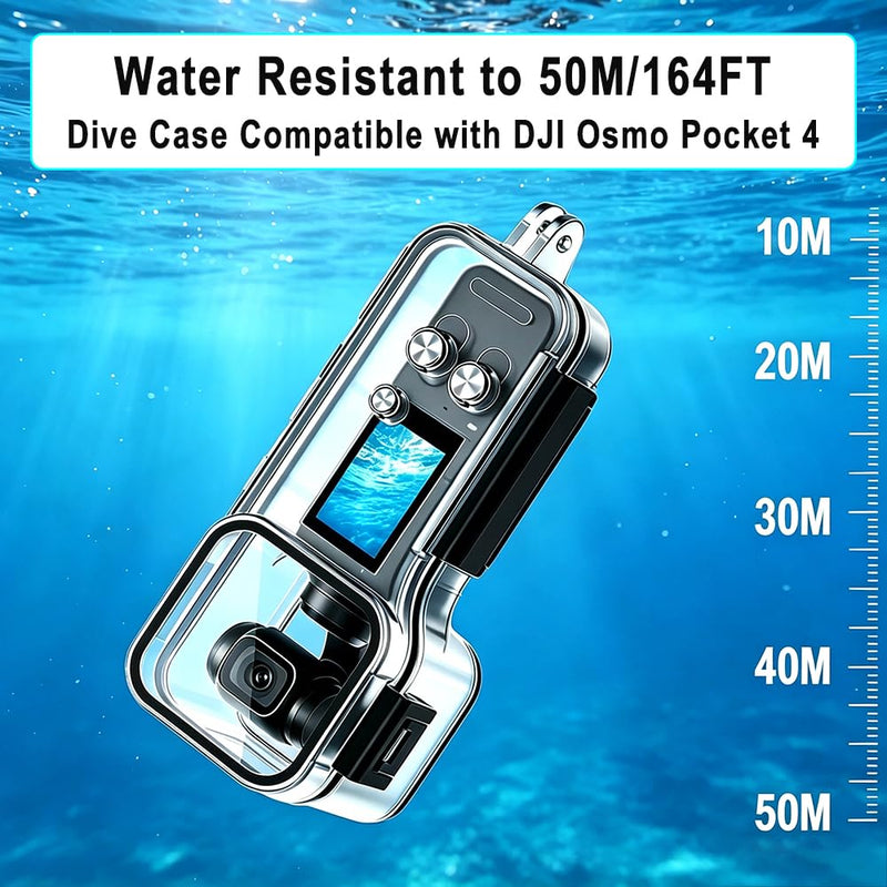 50M/164FT Underwater Waterproof Dive Case for DJI Osmo Pocket 4 | Diving Housing Waterproof Protection Case with Bracket Anti-fog Inserts for DJI Osmo Pocket 4 Camera Dive Accessories