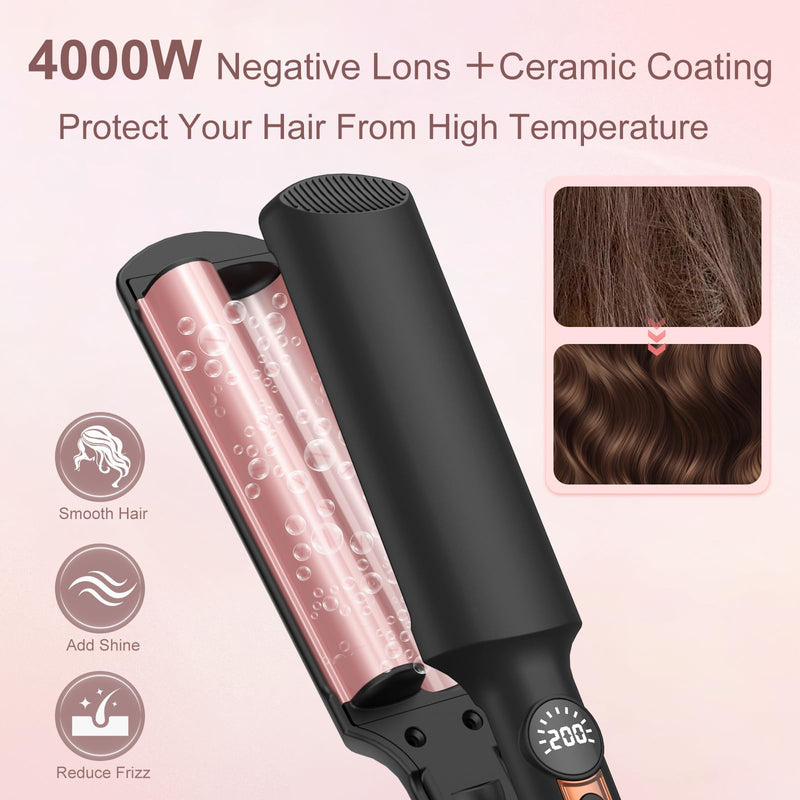 AISEELY 20MM Hair Waver Crimper - Mini 2 Barrel Beach Wave Hair Curler with 5 Adjustable Temp (120°C-200°C),Mermaid Curling Wand for Short/Long Hair, Anti-Scald, Quick & Easy Waver Curling Iron Black