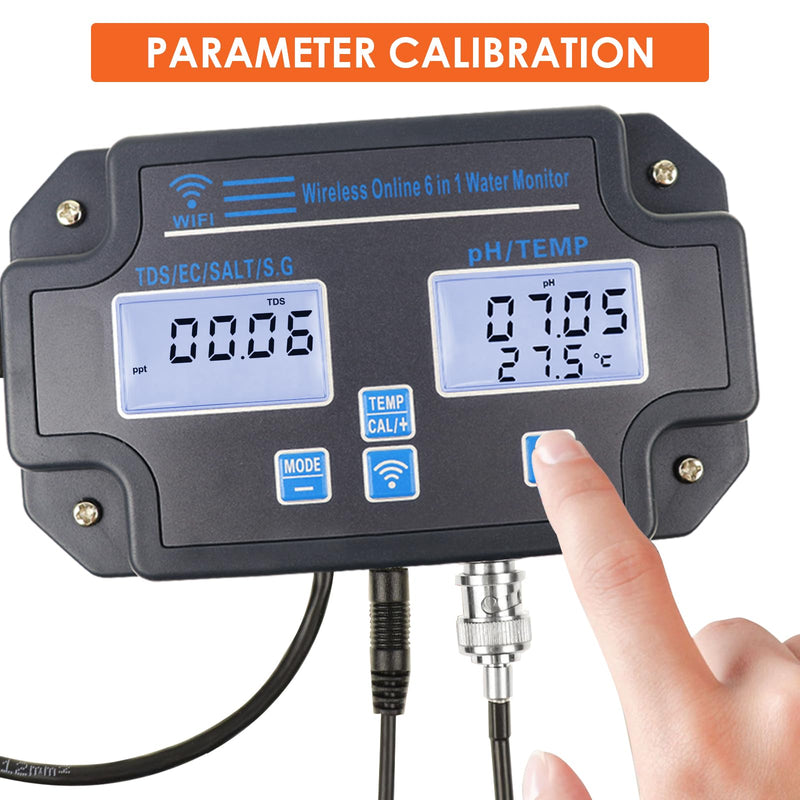 Water Quality Tester pH/EC/TDS/Salinity/SG/Temperature with Easy Calibration 24Hrs Online APP Monitoring for Fish Tank Aquariums Home Laboratory Smart Instrument 6 in 1 Digital pH Meter