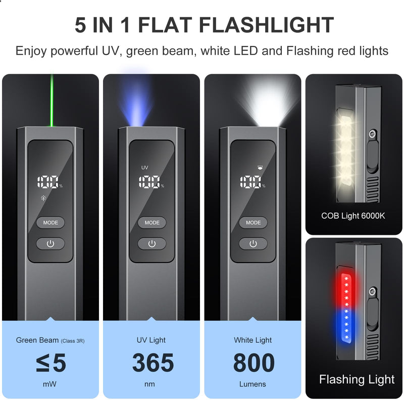 5 IN1 Rechargeable EDC Flat Flashlight, PRO Flashlight with Green Beam, UV and White LED Combo, High Lumens Pocket Lights with Magnet, LT010 Four Sources Perfect for Checking Work (Black) Black