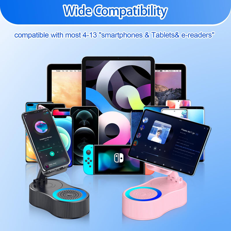 Gifts for Men Women,Cell Phone Stand with Wireless Bluetooth Speaker,Colorful Ambient Light 360° Foldable for Tablet iPhone Android 2 Wireless Microphones HD Surround Sound (Black) Black