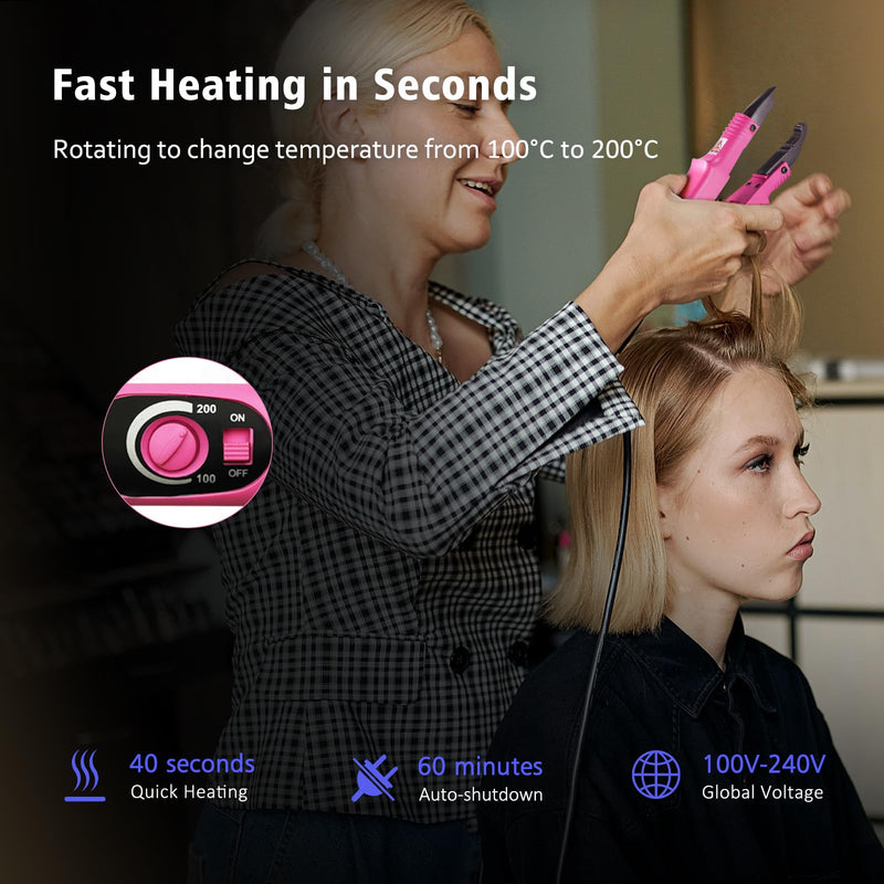 janelove Professional Hair Extensions Iron, Fusion Heat Connector, Pre Bonded Hair Extensions Iron Kit Tool, UK Plug, 210°F-390°F Temperature Adjust (Pink)