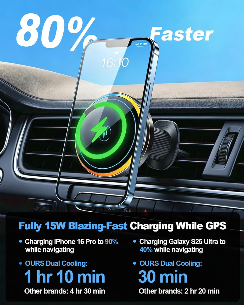 Wireless Car Charger with Semiconductor Cooling, Magnetic Phone Mount for iPhone 17/16/15/14/13 Series, 15W Fast Charging Car Holder with RGB Ambient Light, Auto-Aligning Vent Clip Mount