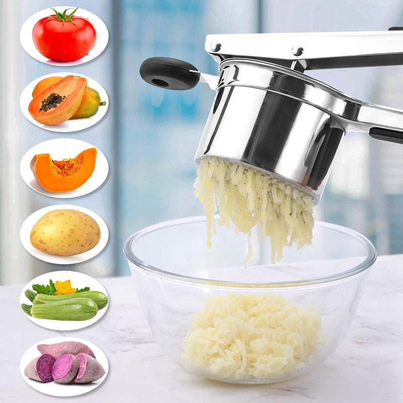 Large 15 oz Stainless Steel Potato Ricer with Silicone Grip - Heavy Duty Ricer for Mashed Potatoes, Purees Black