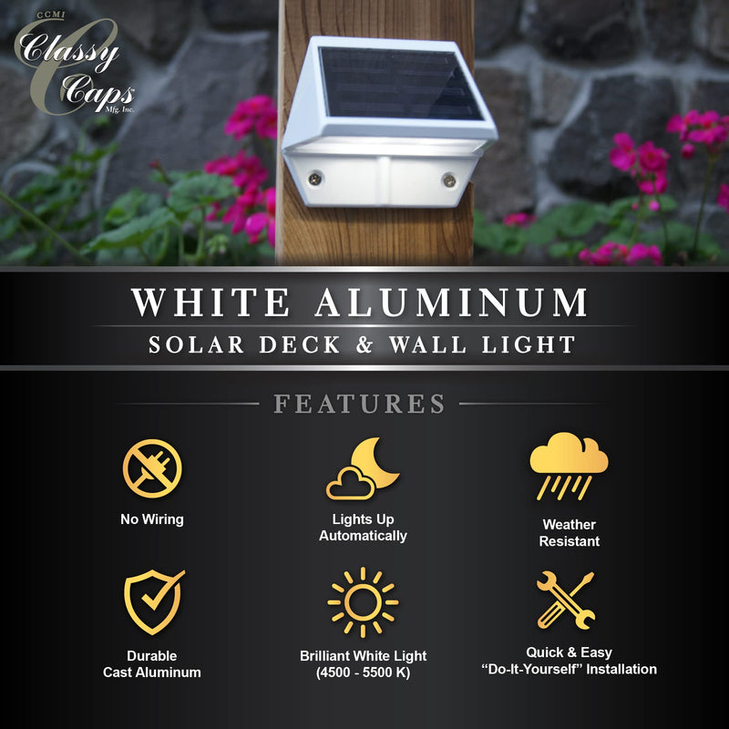 Classy Caps Solar Deck & Wall Lights, Model SL179, White - High Performance, Energy Efficient, Weather-Resistant, Durable Cast Aluminum, Outdoor Solar Lights, Durable Design, Easy Installation 3.5 x 2.5 x 3