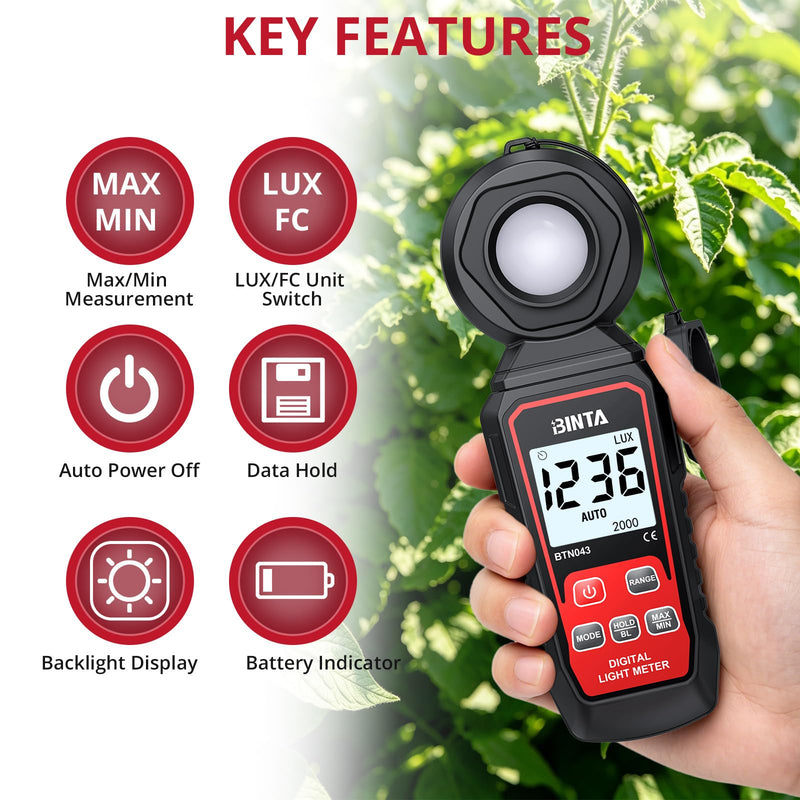 BINTA Handheld Digital Light Meter, Lux FC Illuminance Meter 0~200,000 Lux | 4 Digit Backlit LCD, Rotatable Sensor Max/Min Data Hold Auto Record Tester for Plants Photography Car LED Lights