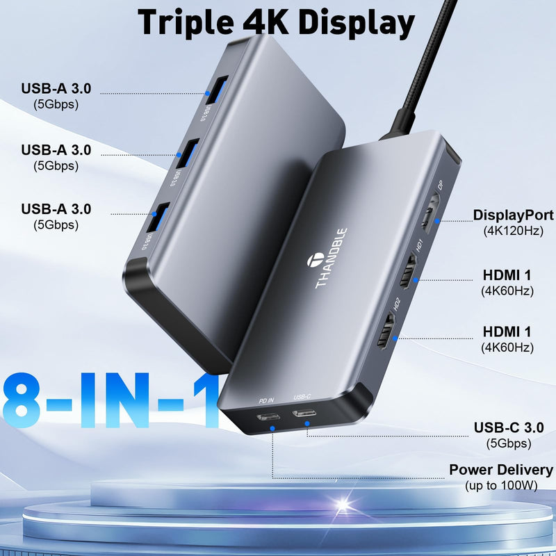 USB C Docking Station Dual Monitor, Laptop Docking Station 3 Monitor, USB C Hub Dual 4K@60Hz HDMI Display with DisplayPort Port, 5Gbps USB-A/C Data Port, 100W PD, for HP/Dell/Lenovo/Laptop