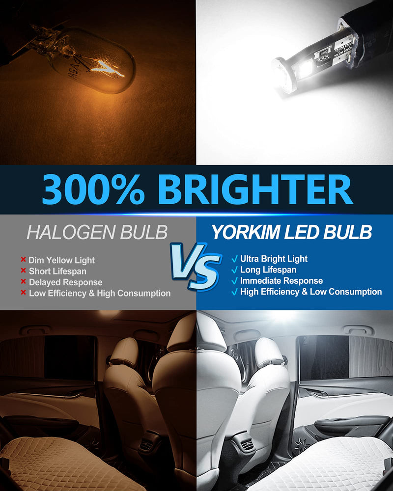 Yorkim 194 LED Bulb White CANBUS Error Free T10 LED 6-SMD 2835 Chipsets 2825 168 W5W Bulb No Polarity Replacement Bulbs for Map Dome Trunk Liscense Plate Lights, Pack of 10