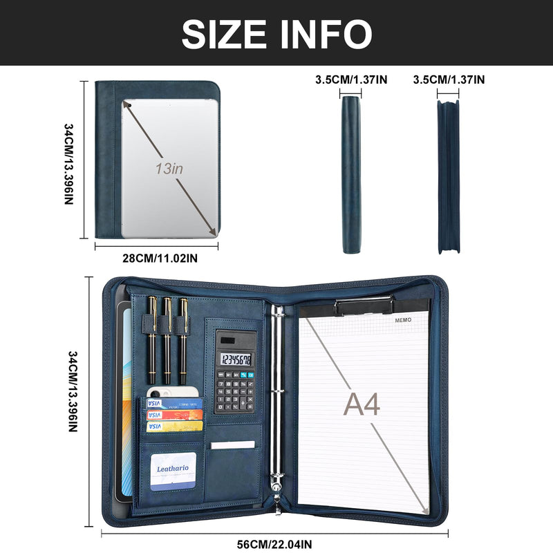Leathario Portfolio Binder, 3-Ring Folder Organizer, Includes 5 Sheet Protectors and a Pen, Vegan Leather A4 Padfolio for Tablets, Business Conferences Professional Document Organizer, Office Supplies Blue
