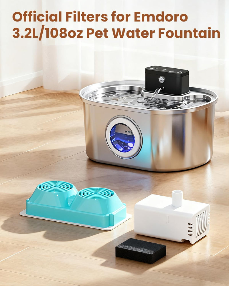 12 Pack of Official Replacement Filters and Sponges (6 Months Set) for Emdoro Stainless Steel Pet Water Fountain 12 Filters + 12 Sponges