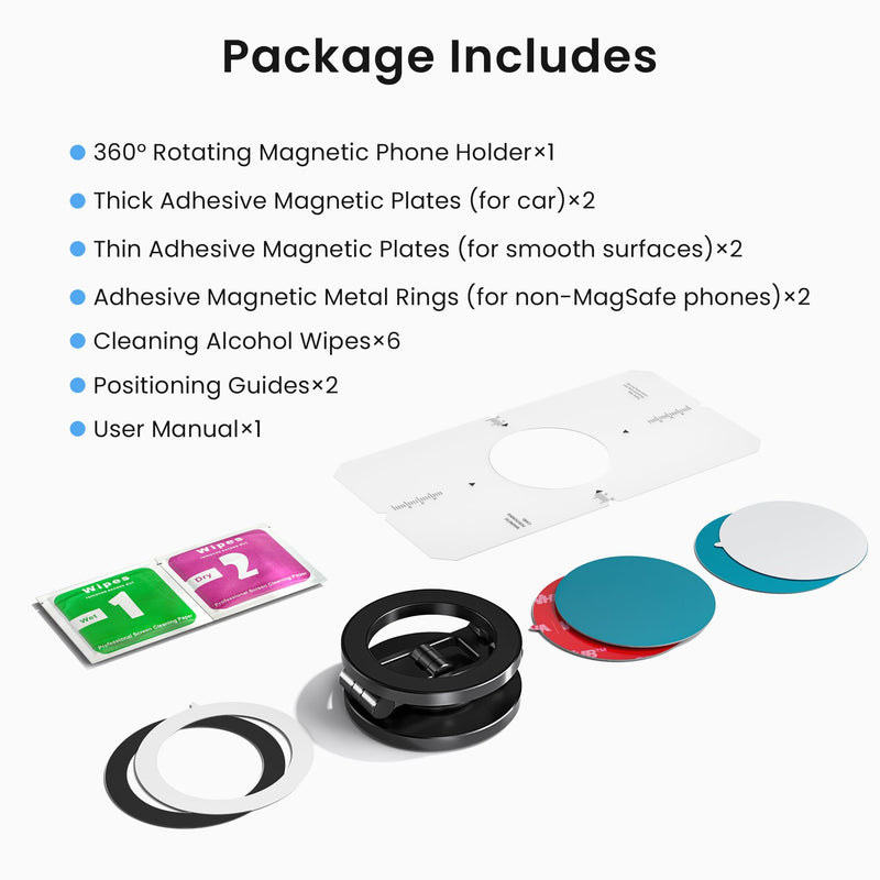 Itramax Magnetic Phone Holder for Magsafe,360° Rotatable iPhone Stand Mount | Dual Sided Ring Smartphone Holder for Desk with Non-Slip Base for iPhone 17 16 Plus 13 12 11,Pixel 9 8,Samsung,Office,Kitchen 360°Rotating - Black