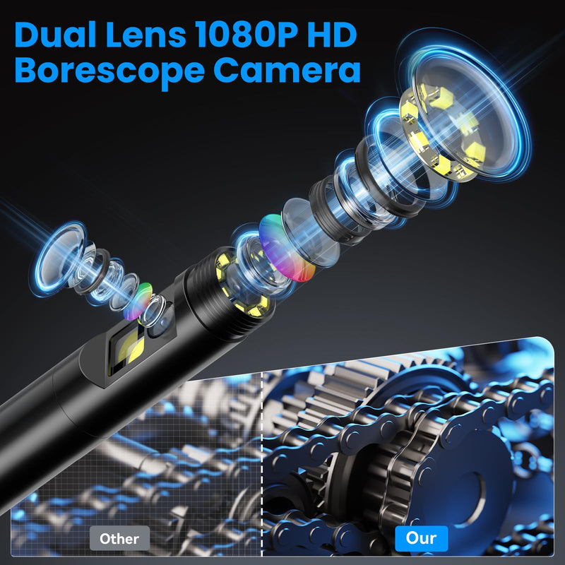 KIRFEIHT Endoscope Camera with Light, Dual Lens IP67 Waterproof Industrial Borescope with 32GB Card, Detachable 16.4FT Semi-Rigid Snake Cord, Android & PC Compatible for Plumbing HVAC Automotive Dual-Lens
