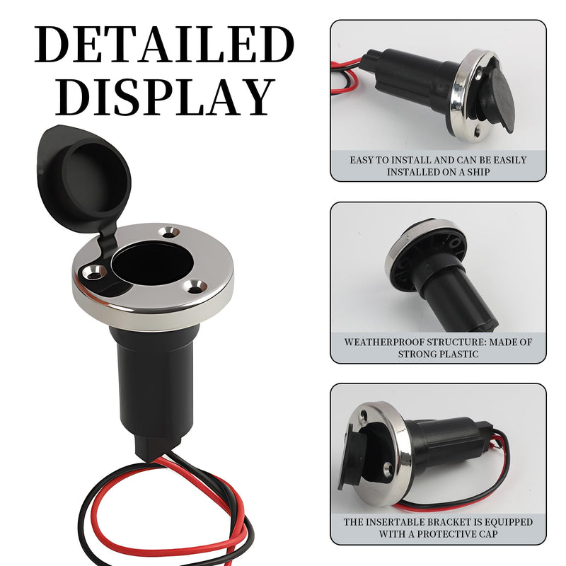 Stainless Steel Boat Stern Light Base with 2-Pin Socket - Universal Plug-in Pole Base for Navigation and All-Round Stern Lights, 0.75" Diameter Compatibility