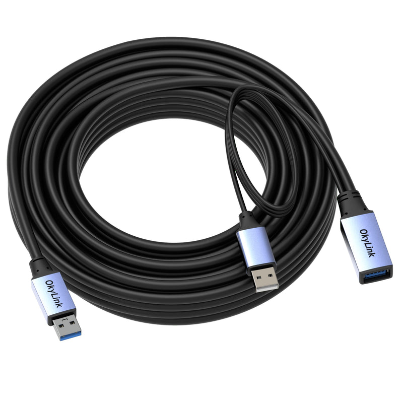 OkyLink Active USB 3.0 Extension Cable A to A, Male to Female 30ft | 10m, 3.2 Gen1, with Power Cable, 5Gbps, Plug and Play,for Long Range CCTV, Scanner USB3.0(5Gbps) 32ft (10m)